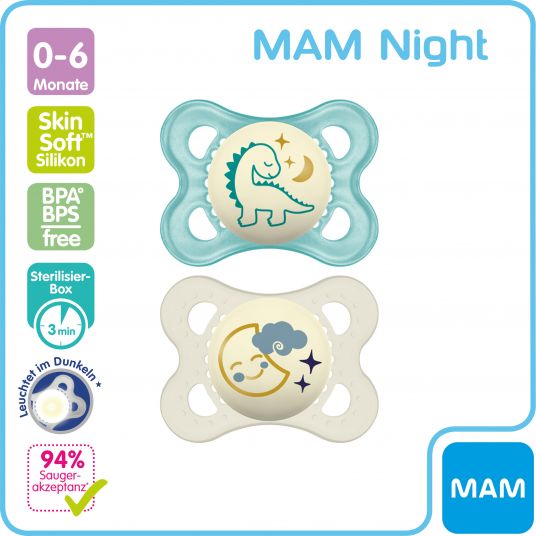 MAM Leucht-Schnuller 2er Pack Night - Silikon 0-6 M - Dino & Mond