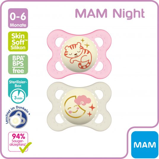 MAM Ciuccio Luminoso 2 Pack Notte - Silicone 0-6 M - Tigre e Luna