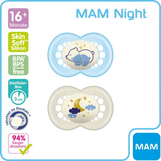MAM Succhietto luminoso 2 Pack Night - Silicone da 16 M - Orso e Luna