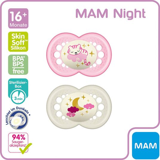 MAM Luminous pacifier 2-pack Night - silicone from 16 M - Tiger & Moon