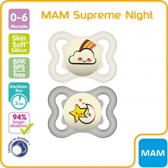 MAM Succhietto luminoso 2 Pack Supreme Night - Silicone 0-6 M - Arcobaleno e Luna