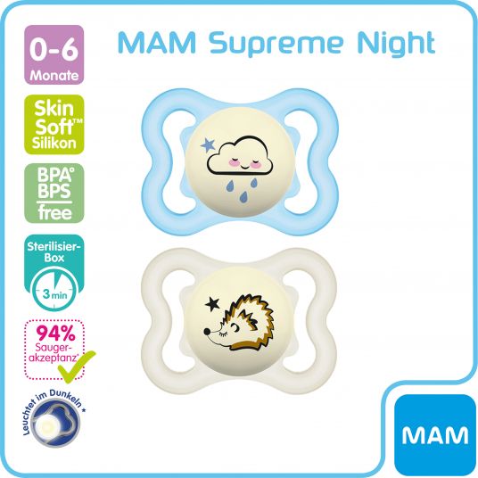 MAM Luminous pacifier 2-pack Supreme Night - Silicone 0-6 M - Cloud & Hedgehog