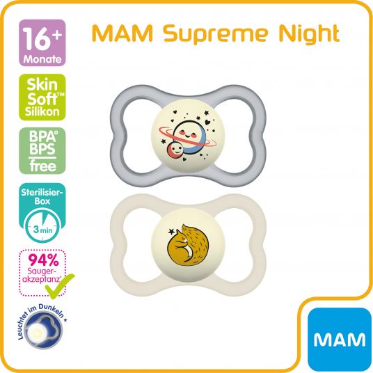 MAM Manichino luminoso 2-pack Supreme Night - silicone da 16 m - Moon & Squirrel