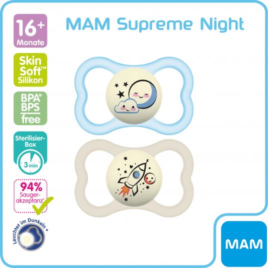 MAM Manichino luminoso 2-pack Supreme Night - silicone da 16 m - moon & rocket