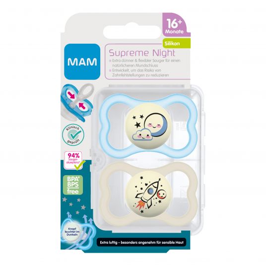 MAM Luminous pacifier 2-pack Supreme Night - silicone from 16 M - Moon & Rocket