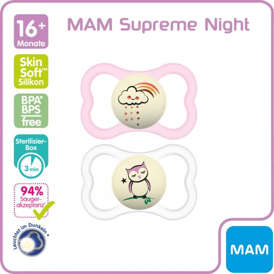 MAM Leucht-Schnuller 2er Pack Supreme Night - Silikon ab 16 M - Wolke & Eule