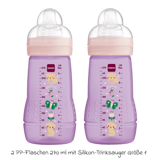 MAM PP-Flasche 2er Pack Easy Active Baby Bottle 270 ml - Silikon Gr. 1 - Katze & Schmetterling