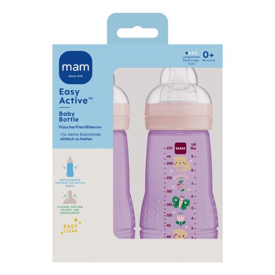 MAM PP-Flasche 2er Pack Easy Active Baby Bottle 270 ml - Silikon Gr. 1 - Katze & Schmetterling