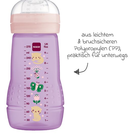 MAM PP-Flasche 2er Pack Easy Active Baby Bottle 270 ml - Silikon Gr. 1 - Katze & Schmetterling