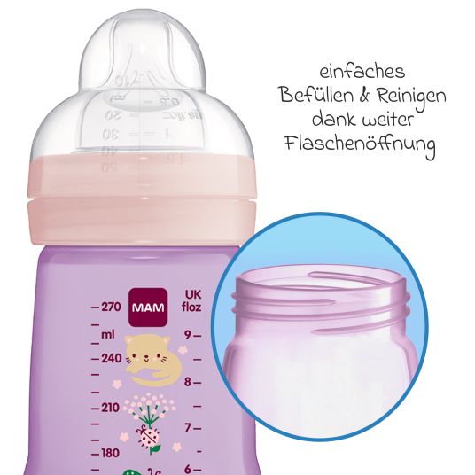 MAM PP-Flasche 2er Pack Easy Active Baby Bottle 270 ml - Silikon Gr. 1 - Katze & Schmetterling