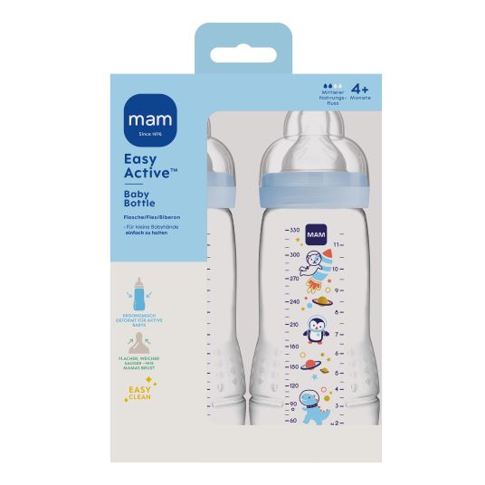 MAM Bottiglia in PP Confezione da 2 biberon Easy Active 330 ml - Silicone misura 2 - Spazio - Blu