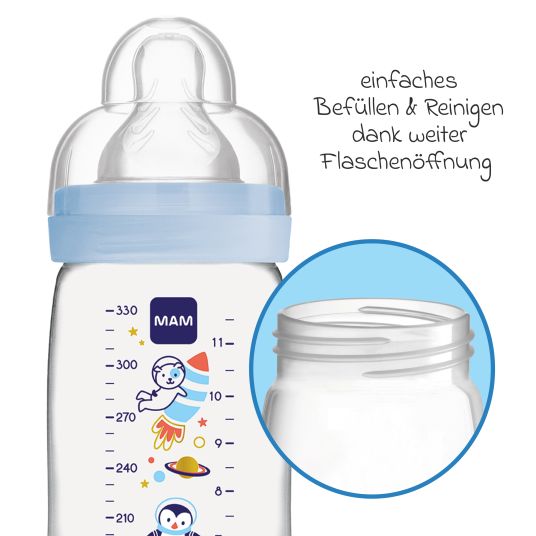 MAM Bottiglia in PP Confezione da 2 biberon Easy Active 330 ml - Silicone misura 2 - Spazio - Blu