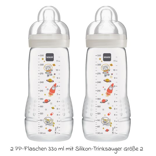 MAM PP-Flasche 2er Pack Easy Active Baby Bottle 330 ml - Silikon Gr. 2 - Weltall - Grau