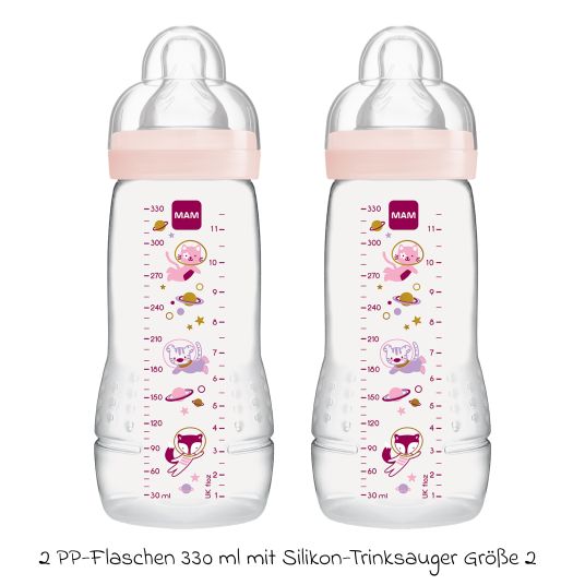 MAM PP bottle 2-pack Easy Active Baby Bottle 330 ml - Silicone size 2 - Space - Pink