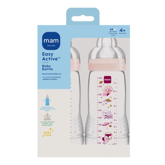 MAM PP bottle 2-pack Easy Active Baby Bottle 330 ml - Silicone size 2 - Space - Pink