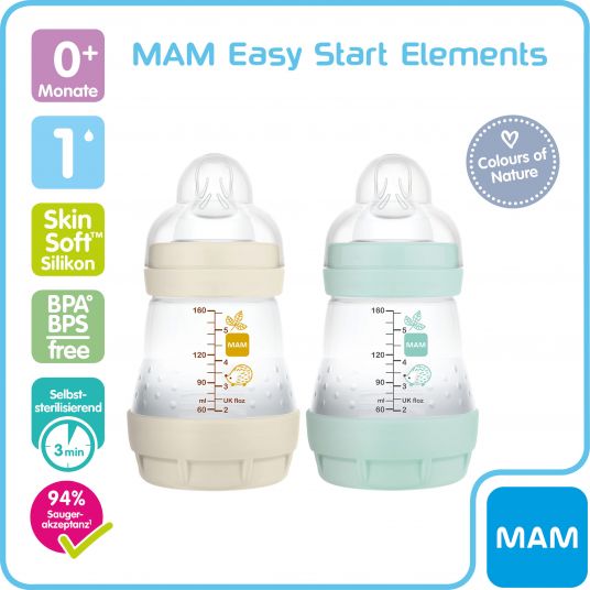 MAM Bottiglia PP 2-pack Easy Start Anti-Colic Elements 160 ml - Fox & Raccoon