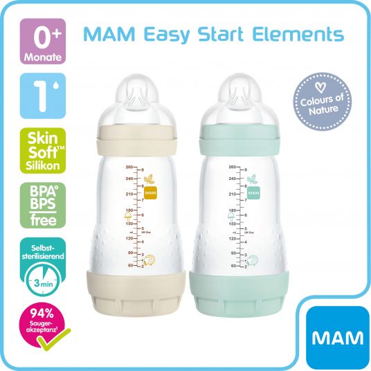 MAM Bottiglia PP 2-pack Easy Start Anti-Colic Elements 260 ml - Fox & Raccoon