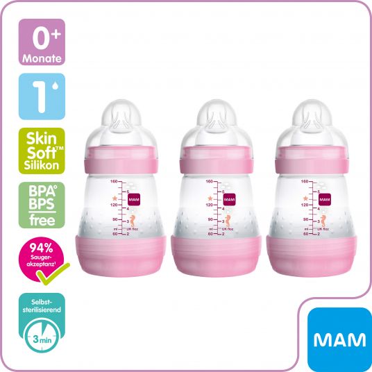 MAM PP bottle 3-pack Easy Start Anti-Colic 160 ml - Pink