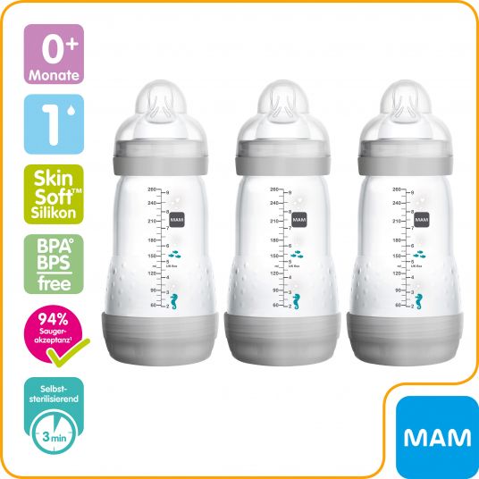 MAM Bottiglia PP 3 Pack Easy Start Anti-Colic 260 ml - Grigio