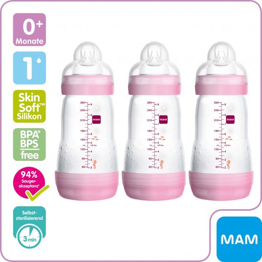 MAM PP bottle 3-pack Easy Start Anti-Colic 260 ml - Pink