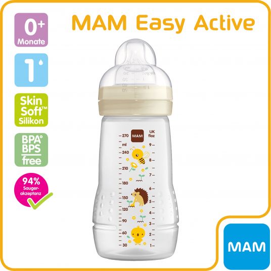 MAM PP-Flasche Easy Active Baby Bottle 270 ml - Silikon Gr. 1 - Biene & Igel