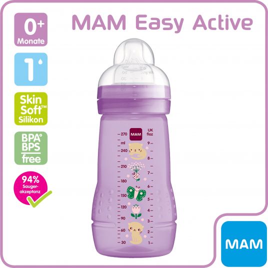 MAM PP-Flasche Easy Active Baby Bottle 270 ml - Silikon Gr. 1 - Katze & Schmetterling