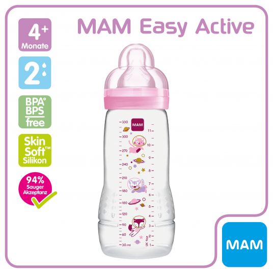 MAM PP-Flasche Easy Active Baby Bottle 330 ml - Silikon Gr. 2 - Weltall - Rosa
