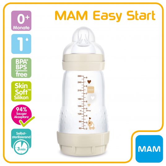 MAM PP-Flasche Easy Start Anti-Colic 260 ml + Silikon-Sauger Gr. 1 - Elefant