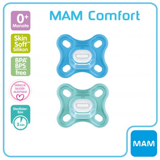 MAM Schnuller 2er Pack Comfort - Silikon Newborn 0-2 M - Blau Türkis