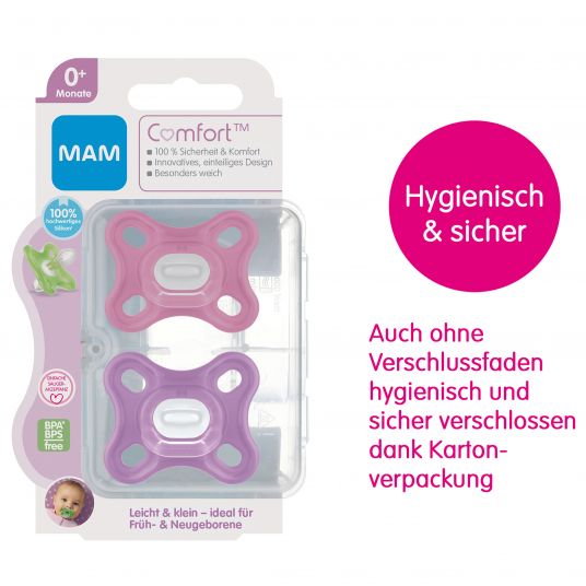 MAM Schnuller 2er Pack Comfort - Silikon Newborn 0-2 M - Pink Lila