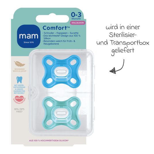 MAM Ciuccio 2 pezzi Comfort - Silicone Neonato 0-3 M - Blu e Turchese