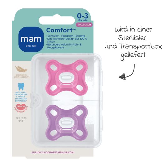 MAM Schnuller 2er Pack Comfort - Silikon Newborn 0-3 M - Pink & Lila