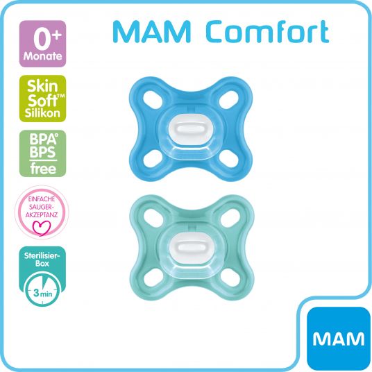 MAM Pacifier 2 Pack Comfort - Silicone Newborn from 0 M - Blue Green