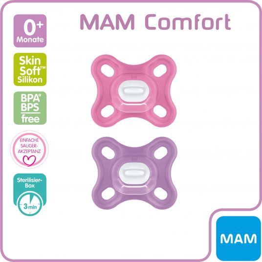 MAM Pacifier 2 Pack Comfort - Silicone Newborn from 0 M - Pink Purple