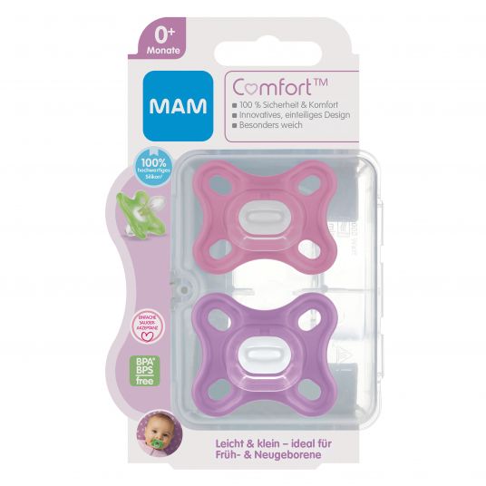 MAM Pacifier 2 Pack Comfort - Silicone Newborn from 0 M - Pink Purple