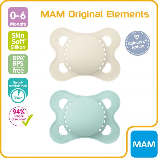 MAM Ciuccio 2 Pack Original Elements - Silicone 0-6 M - Beige Mint