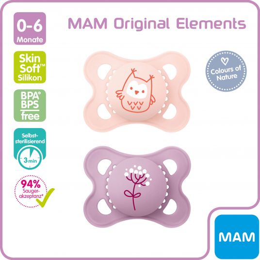 MAM Pacifier 2 Pack Original Elements - Silicone 0-6 M - Owl & Flower
