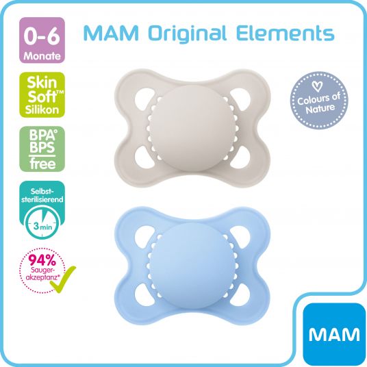 MAM Pacifier 2 Pack Original Elements - Silicone 0-6 M - Grey Blue