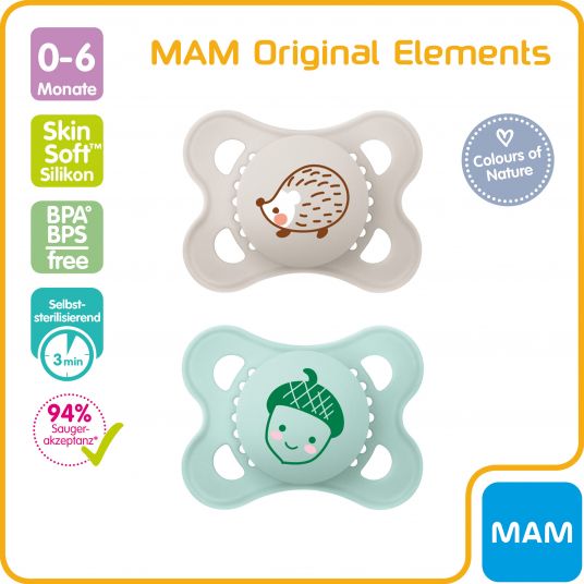 MAM Pacifier 2 Pack Original Elements - Silicone 0-6 M - Hedgehog & Acorn