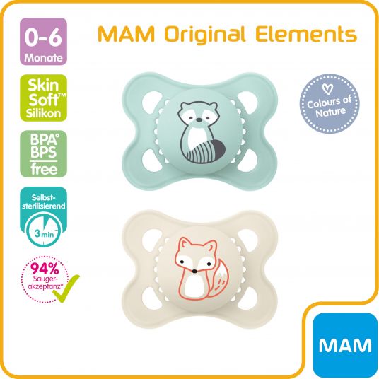 MAM Pacifier 2 Pack Original Elements - Silicone 0-6 M - Raccoon & Fox