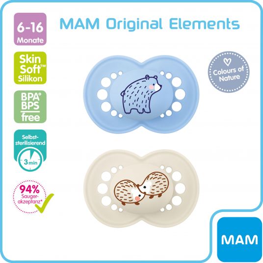 MAM Pacifier 2 Pack Original Elements - Silicone 6-16 M - Bear & Hedgehog