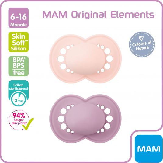 MAM Pacifier 2 Pack Original Elements - Silicone 6-16 M - Pink Purple