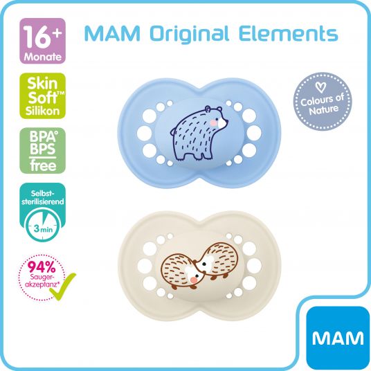 MAM Pacifier 2 Pack Original Elements - Silicone from 16 M - Bear & Hedgehog