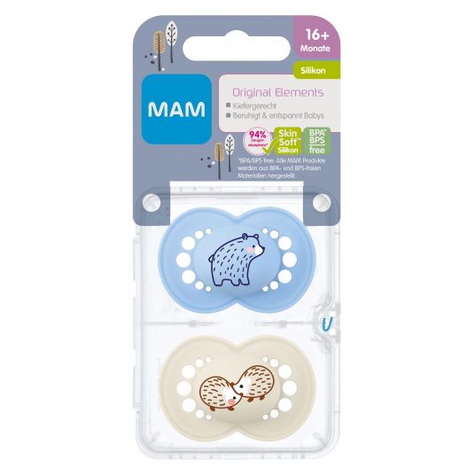 MAM Pacifier 2 Pack Original Elements - Silicone from 16 M - Bear & Hedgehog