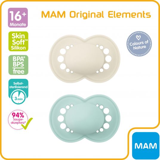MAM Pacifier 2 Pack Original Elements - Silicone from 16 M - Mint Beige