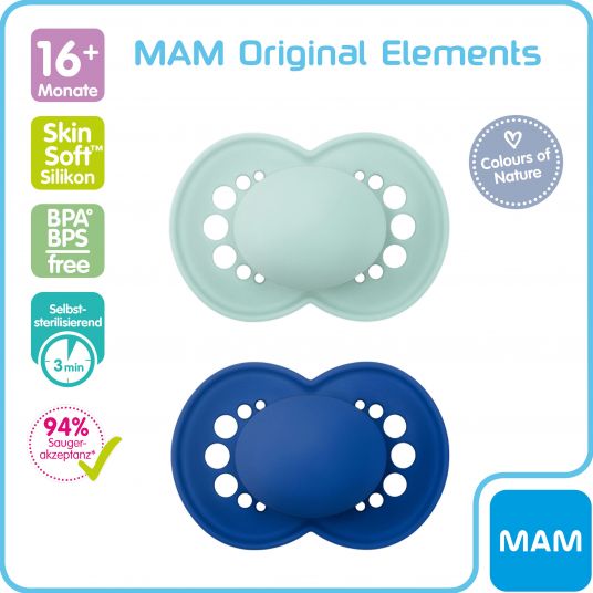 MAM Ciuccio 2 Pack Original Elements - Silicone da 16 M - Blu menta