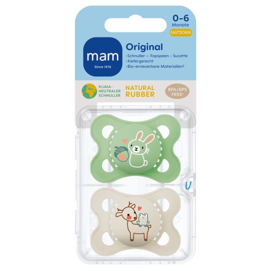 MAM Pacifier 2 Pack Original Pure - Natural Rubber 0-6 M - Rabbit & Deer