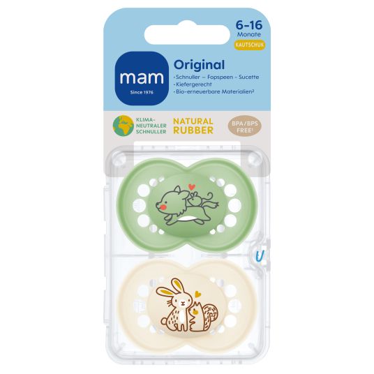 MAM Manichino 2-pack Original Pure - Gomma naturale 6-16 M - Lupo e Coniglio