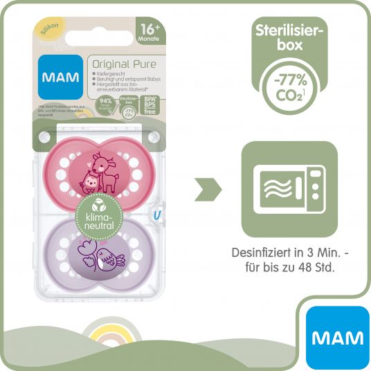 MAM Pacifier 2 Pack Original Pure - Silicone from 16 M - Deer & Bird