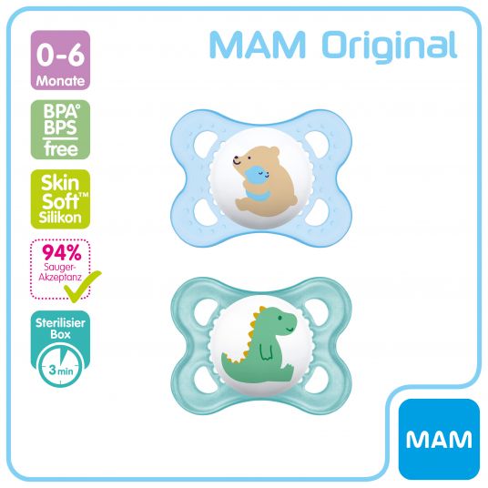 MAM Pacifier 2 Pack Original - Silicone 0-6 M - Bear & Dino